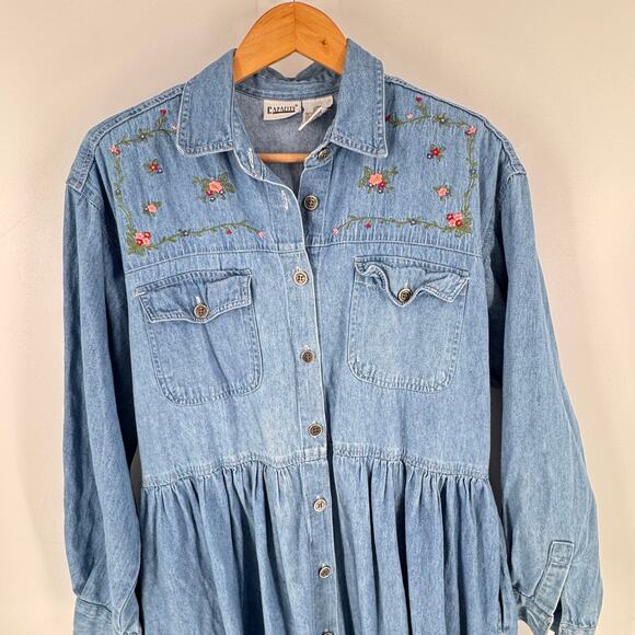 Vintage Capacity Denim Midi Dress Embroidered Floral Western Size Large Cottage - Picture 3 of 11